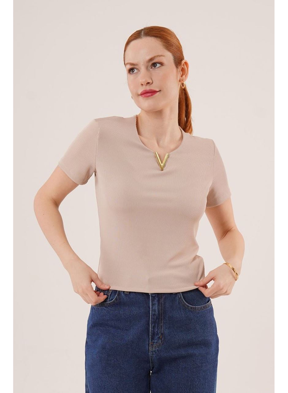 Kısa Kollu Yaka Detaylı Kaşkorse Taş Bluz