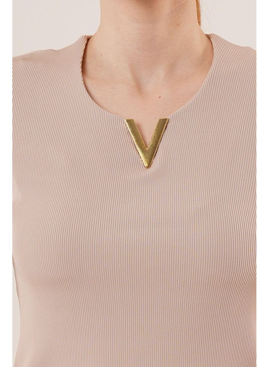 Kısa Kollu Yaka Detaylı Kaşkorse Taş Bluz