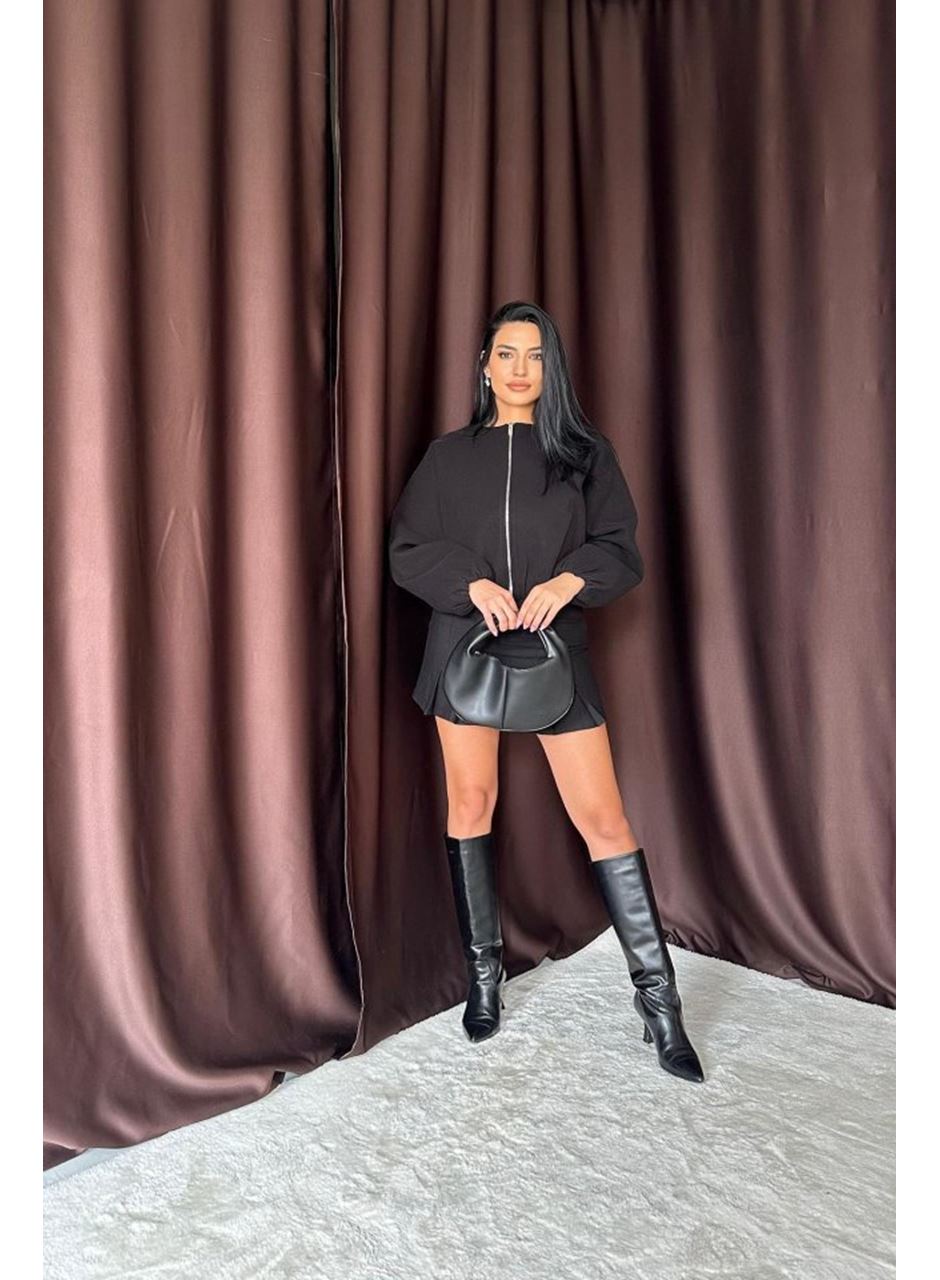 Siyah Kısa Önü Fermuarlı Bomber Ceket