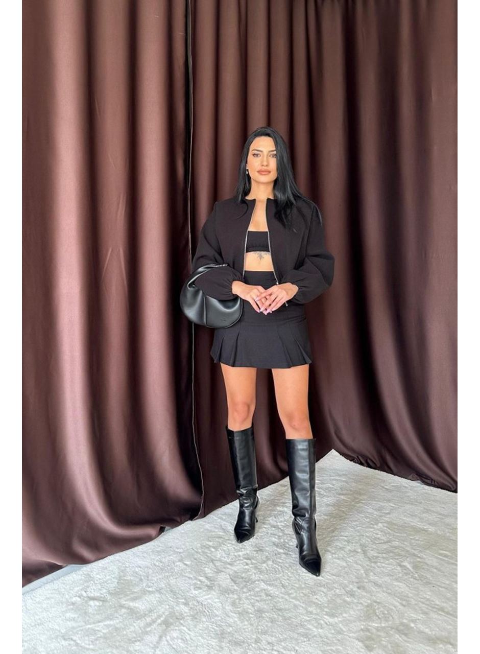 Siyah Kısa Önü Fermuarlı Bomber Ceket