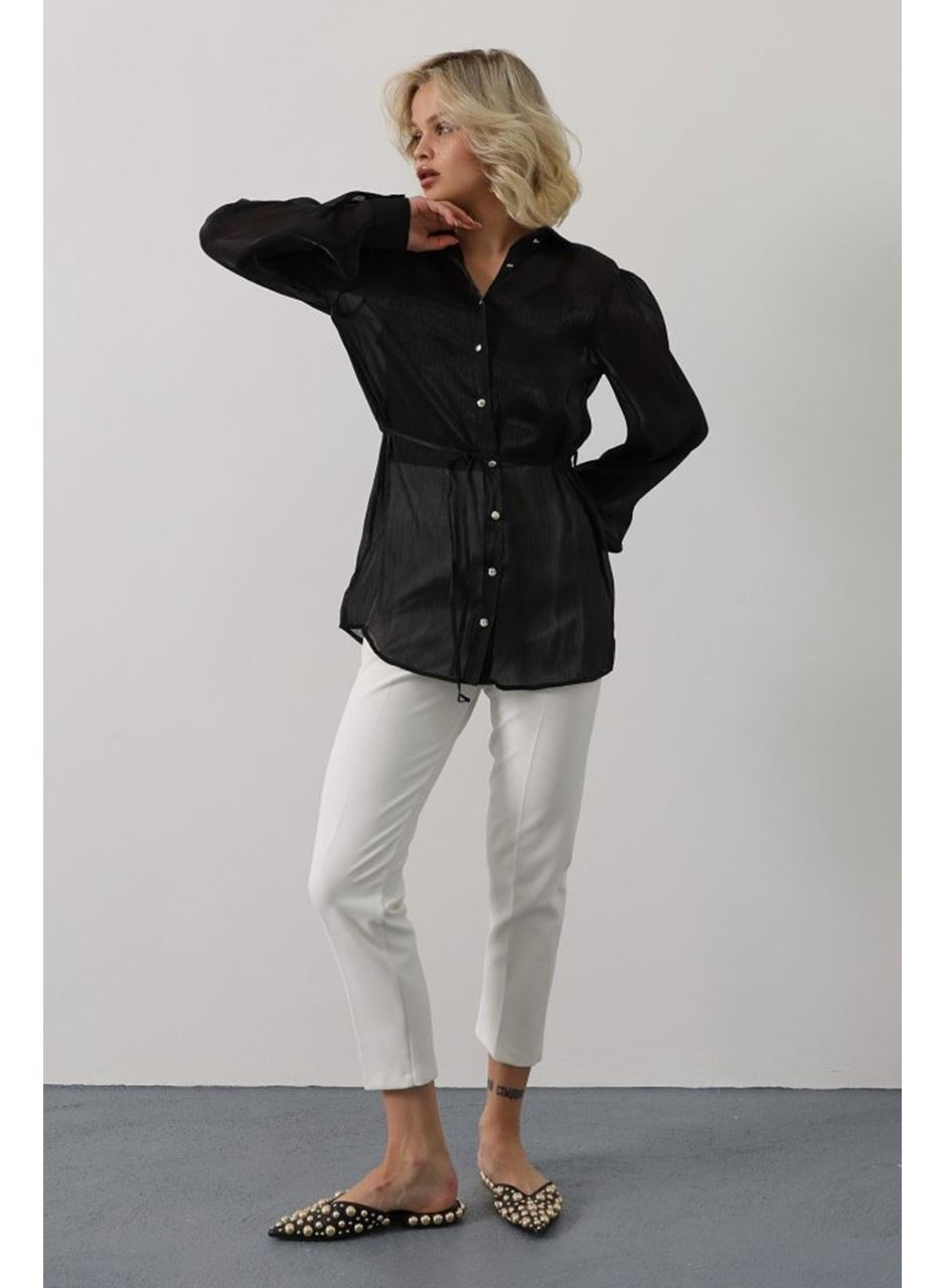 Belden Bağlamalı Uzun Kol Gömlek - Siyah