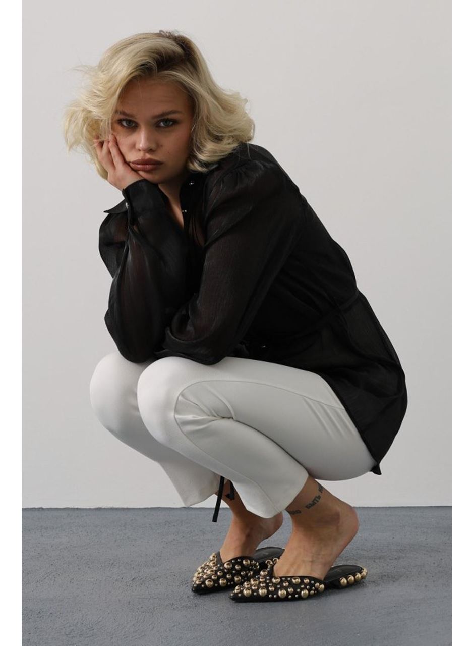 Belden Bağlamalı Uzun Kol Gömlek - Siyah