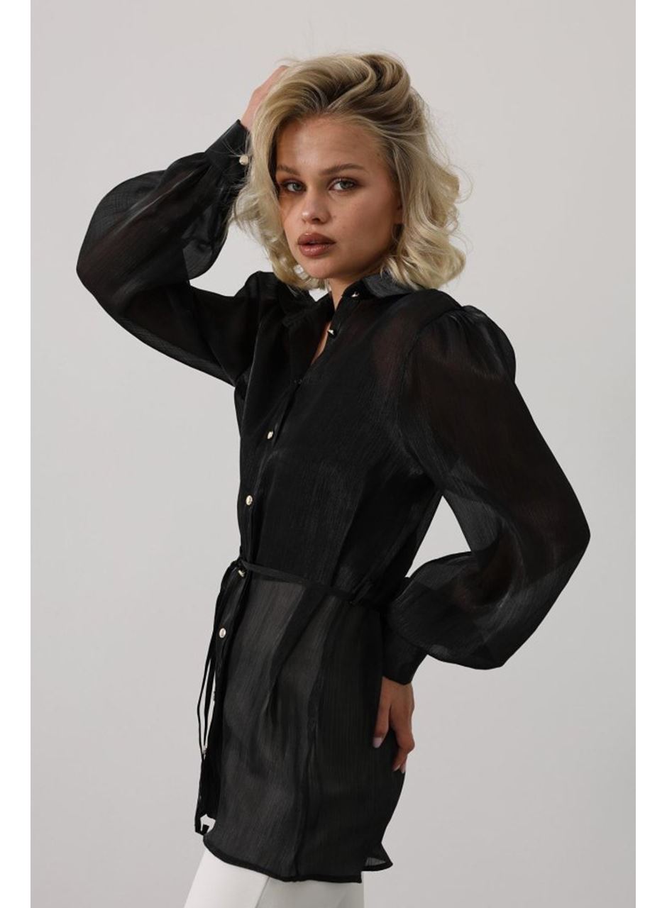 Belden Bağlamalı Uzun Kol Gömlek - Siyah