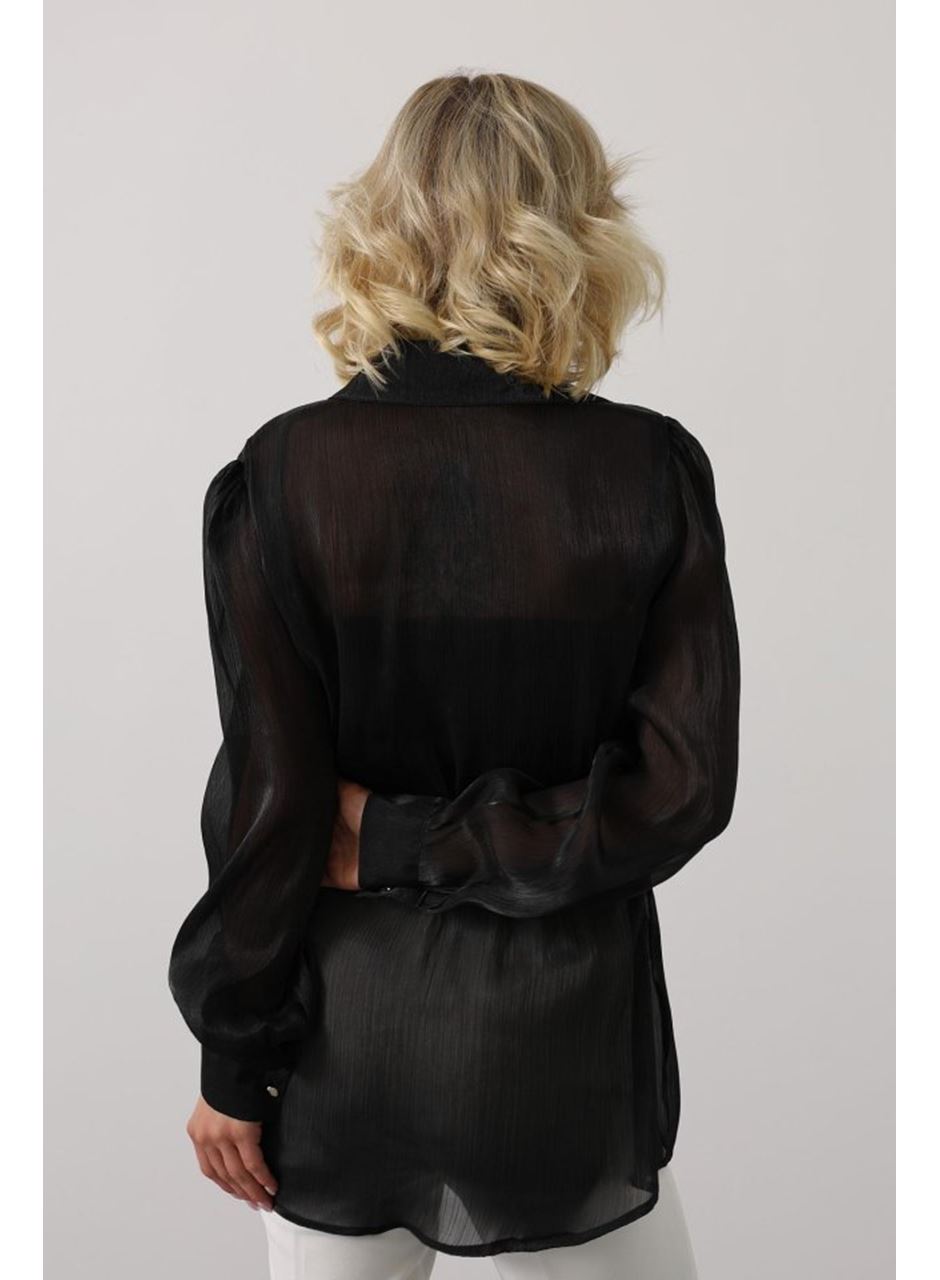 Belden Bağlamalı Uzun Kol Gömlek - Siyah