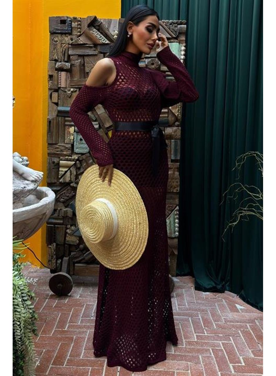 Saten Kuşaklı Ajurlu Triko Elbise 2847