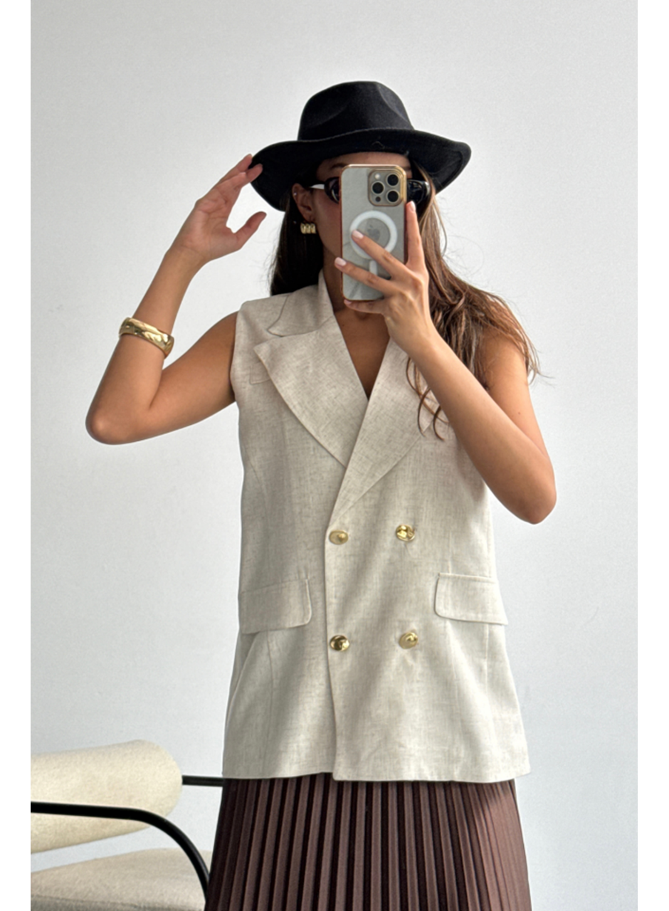 GOLD DÜĞMELİ KETEN YELEK - Ham