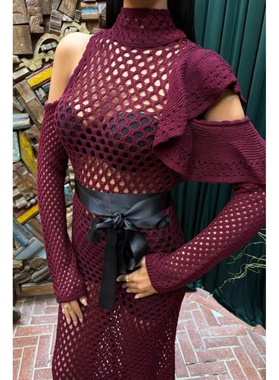 Saten Kuşaklı Ajurlu Triko Elbise 2847