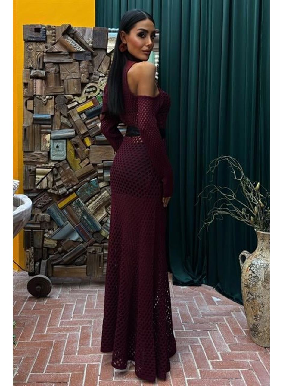 Saten Kuşaklı Ajurlu Triko Elbise 2847