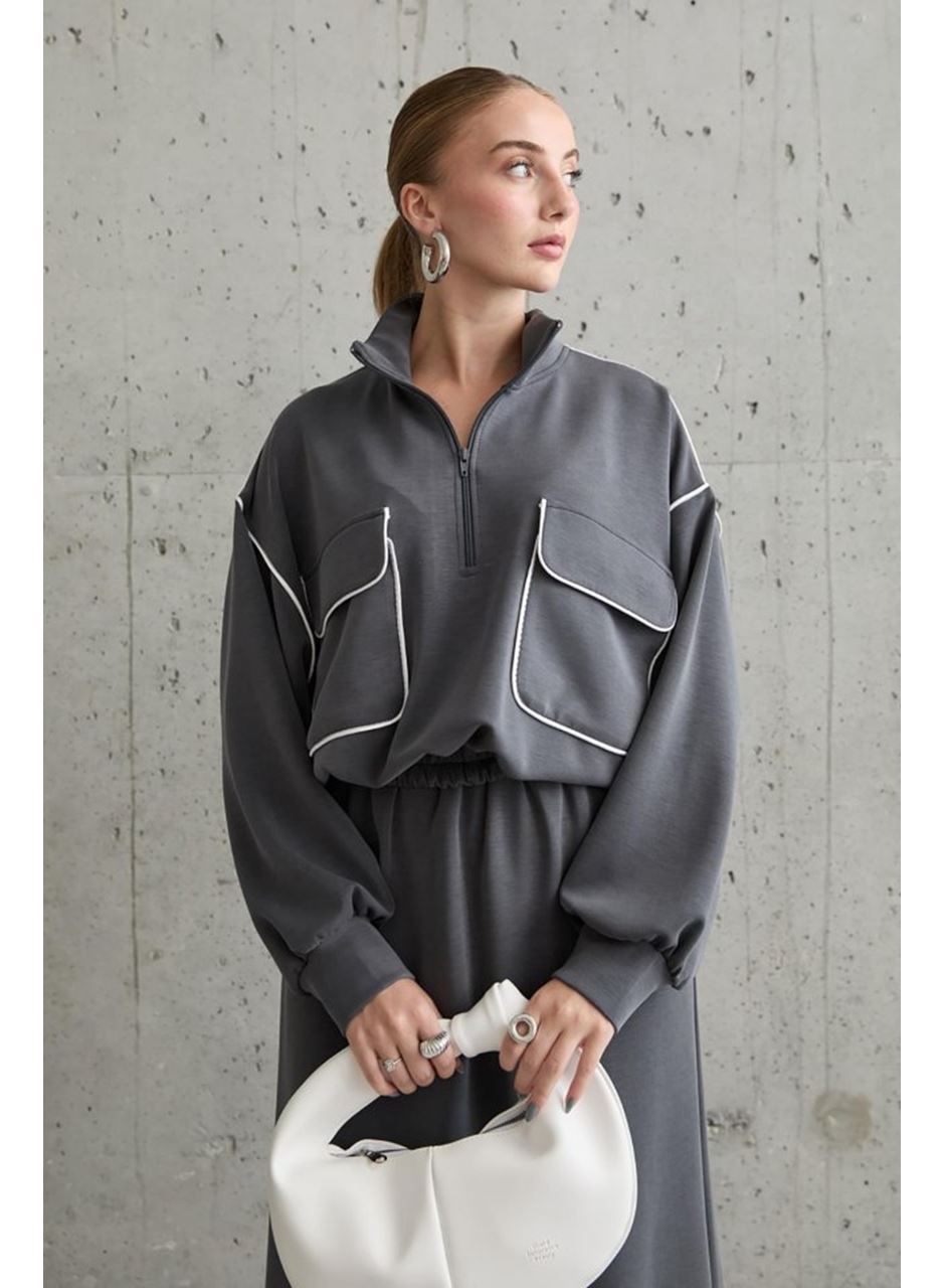 Füme Biyeli Sweatshirt Ve Etek Takım