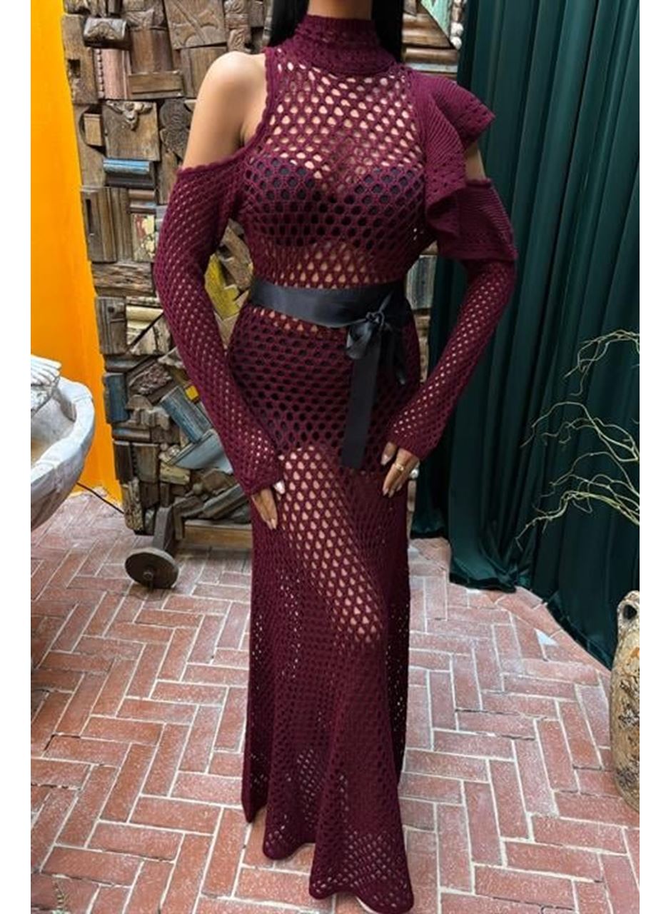 Saten Kuşaklı Ajurlu Triko Elbise 2847