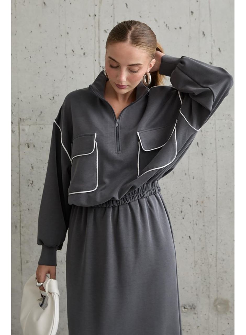 Füme Biyeli Sweatshirt Ve Etek Takım