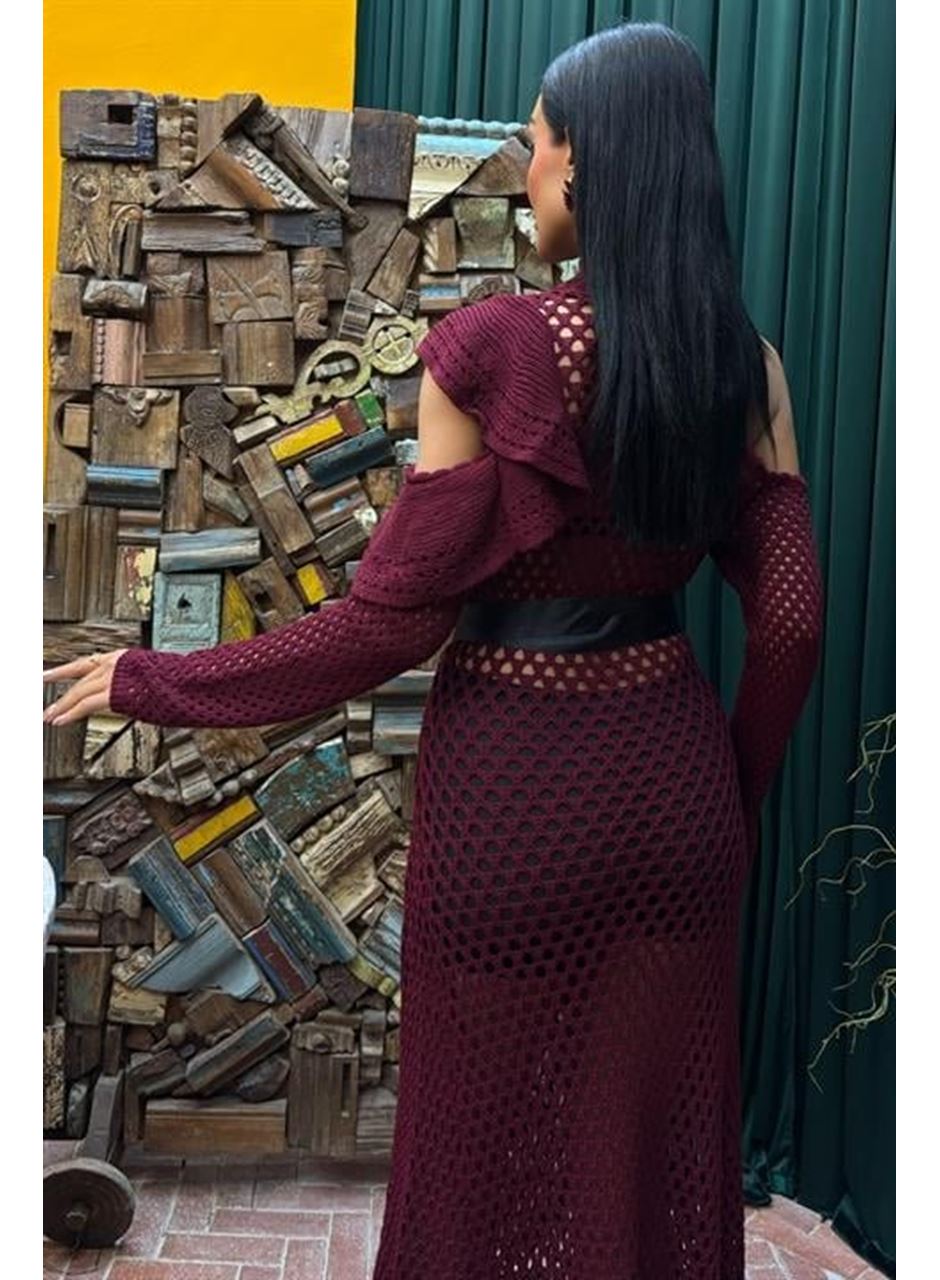 Saten Kuşaklı Ajurlu Triko Elbise 2847