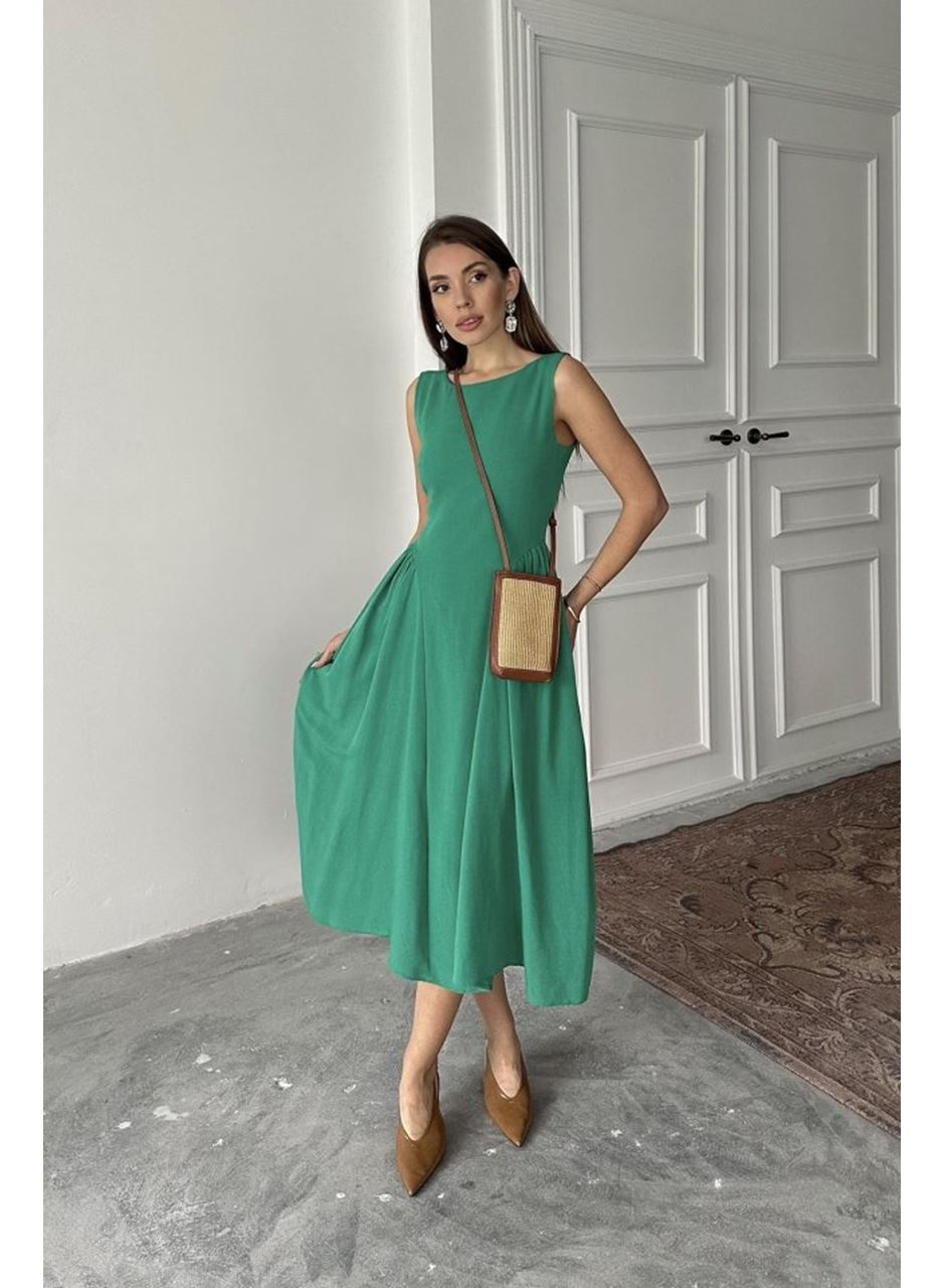 Yeşil Yanları Büzgülü Midi Boy Keten Elbise
