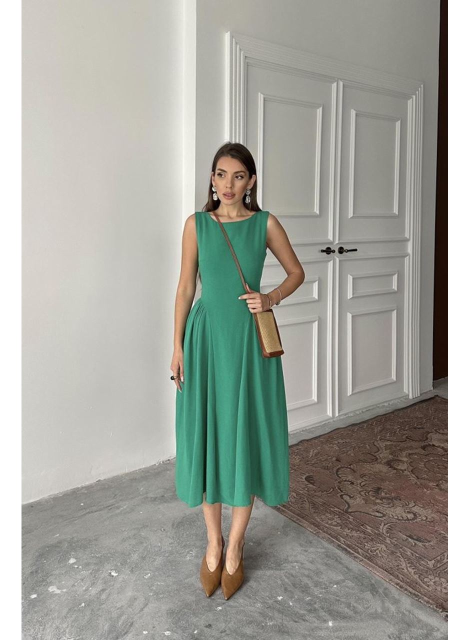 Yeşil Yanları Büzgülü Midi Boy Keten Elbise