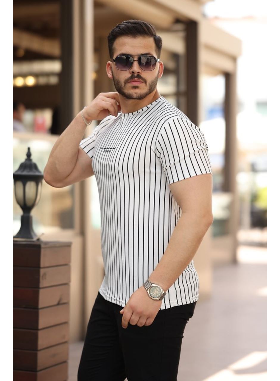 Erkek Dikey çizgili Ottoman Kumaş Kısa Kollu T-shirt