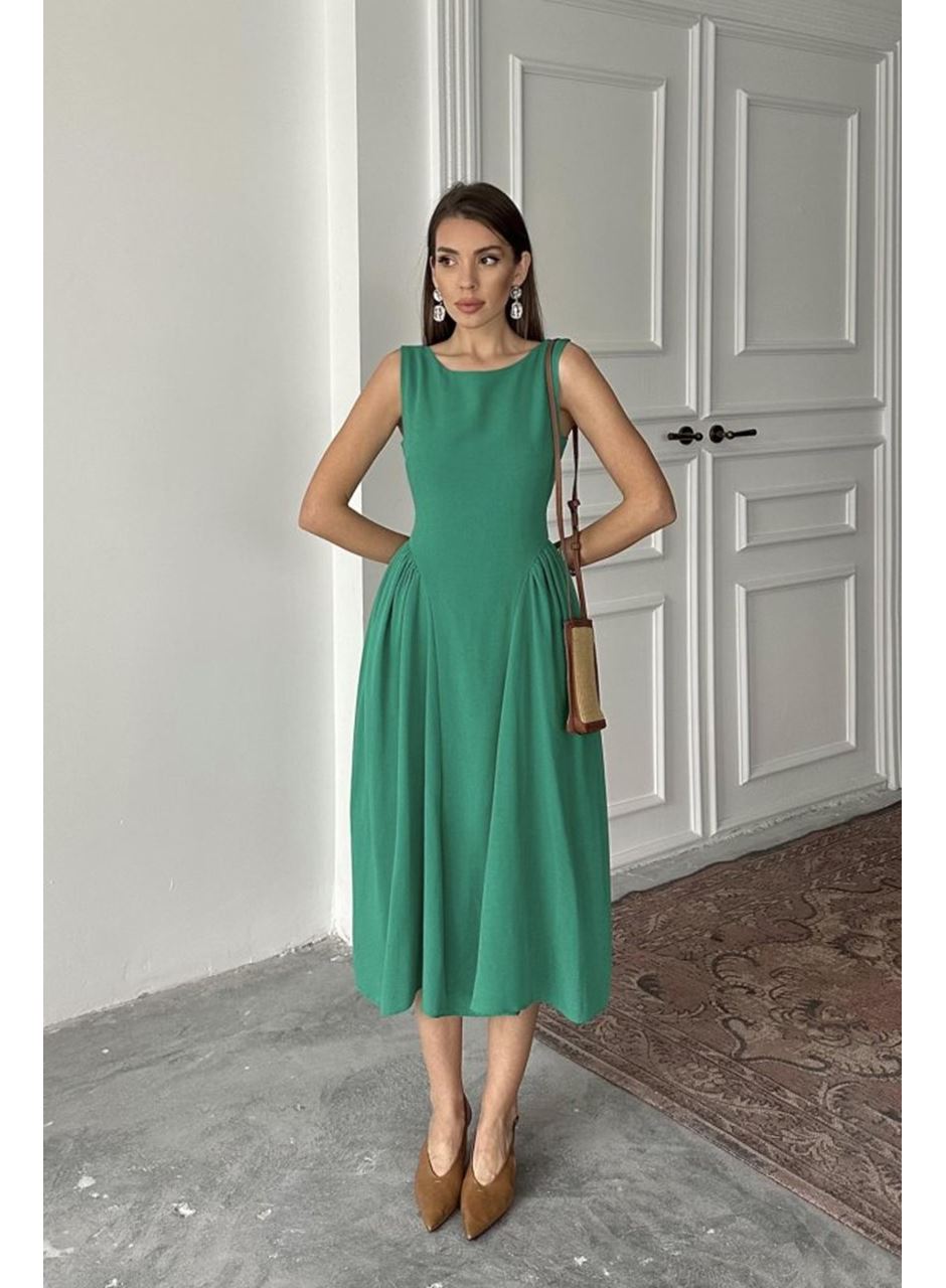 Yeşil Yanları Büzgülü Midi Boy Keten Elbise