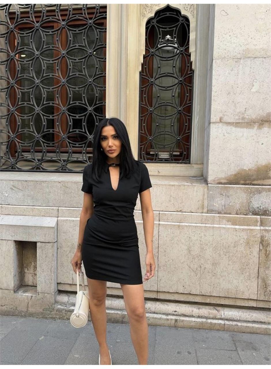 POLO YAKA YAKA KEMER DETAYLI KALEM ELBİSE - Siyah