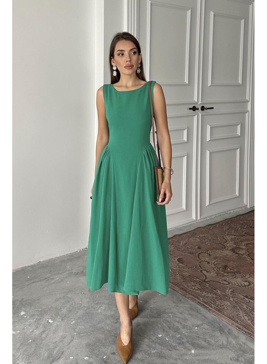 Yeşil Yanları Büzgülü Midi Boy Keten Elbise