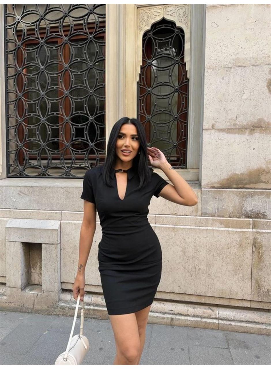 POLO YAKA YAKA KEMER DETAYLI KALEM ELBİSE - Siyah