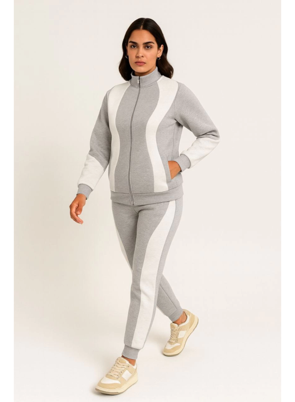 Premium Parçalı Eşofman Takım - Dik Yaka Fermuarlı Sweatshirt - Gri