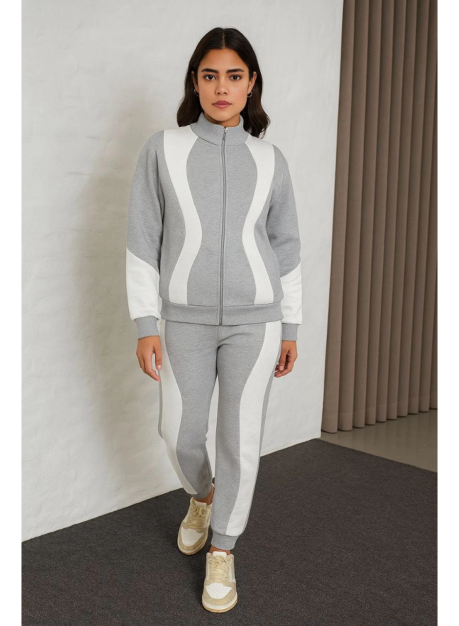 Premium Parçalı Eşofman Takım - Dik Yaka Fermuarlı Sweatshirt - Gri