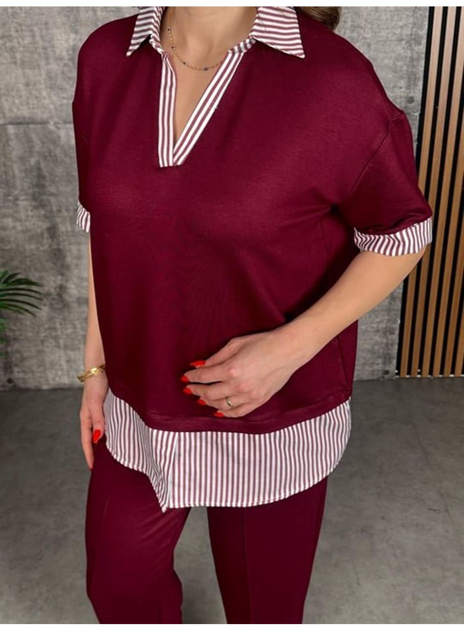 Kadın Modal Kumaş çizgili Gömlek Yaka Ikili Takım