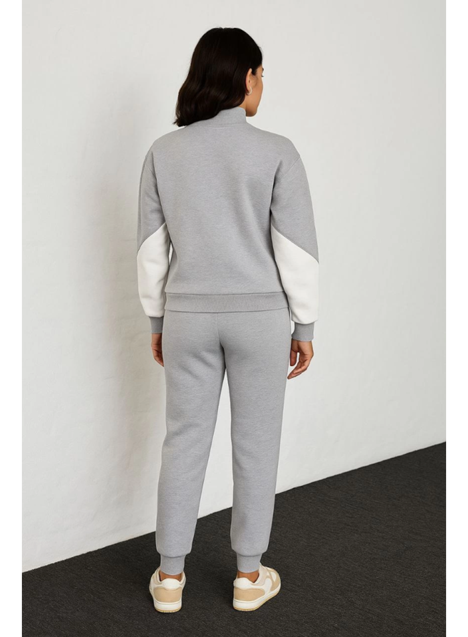 Premium Parçalı Eşofman Takım - Dik Yaka Fermuarlı Sweatshirt - Gri