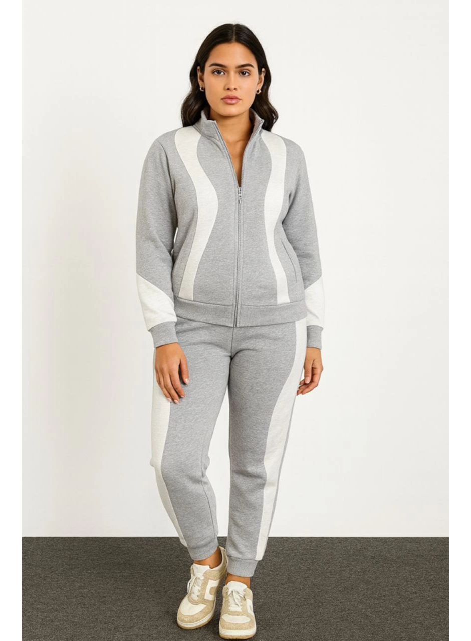 Premium Parçalı Eşofman Takım - Dik Yaka Fermuarlı Sweatshirt - Gri