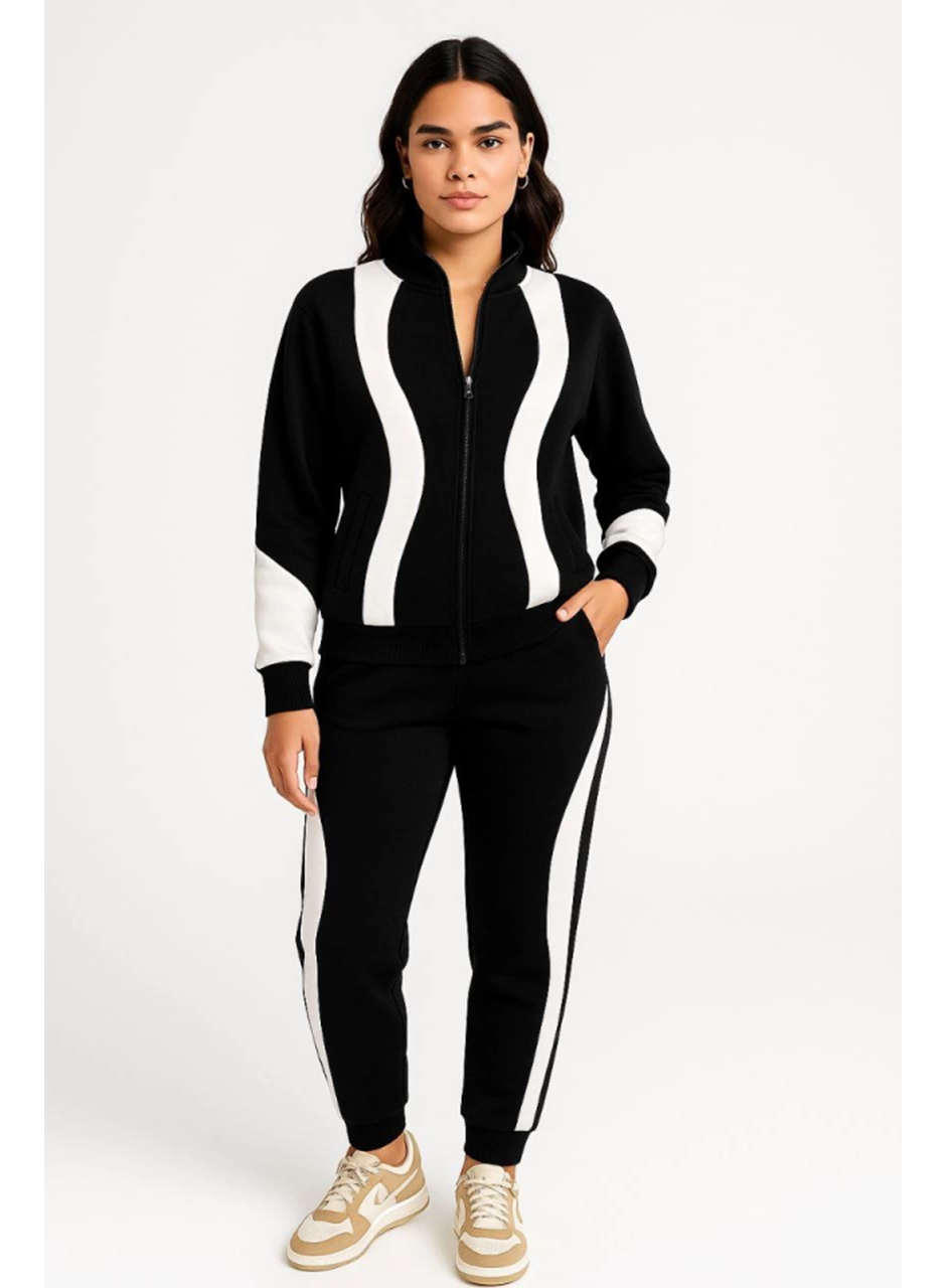 Premium Parçalı Eşofman Takım - Dik Yaka Fermuarlı Sweatshirt - Siyah