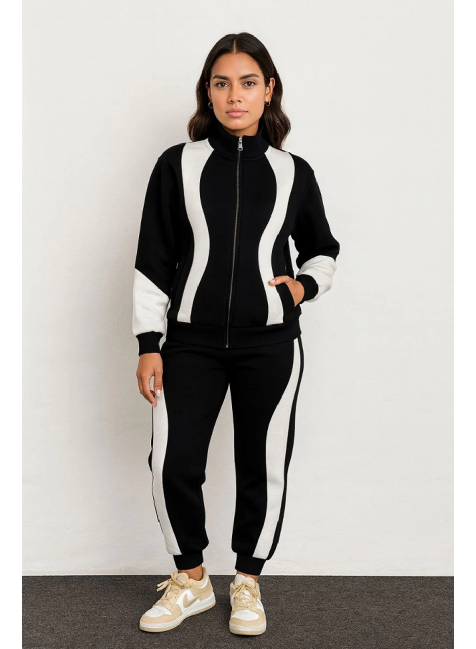 Premium Parçalı Eşofman Takım - Dik Yaka Fermuarlı Sweatshirt - Siyah