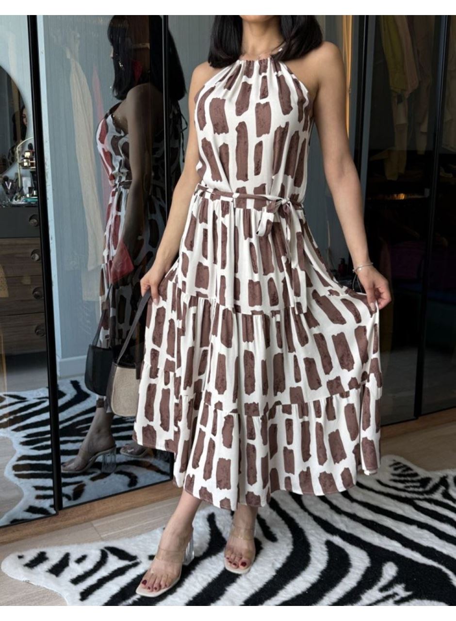Kadın Viskon Kumaş Ip Askılı Halter Yaka Cepli Midi Boy Elbise