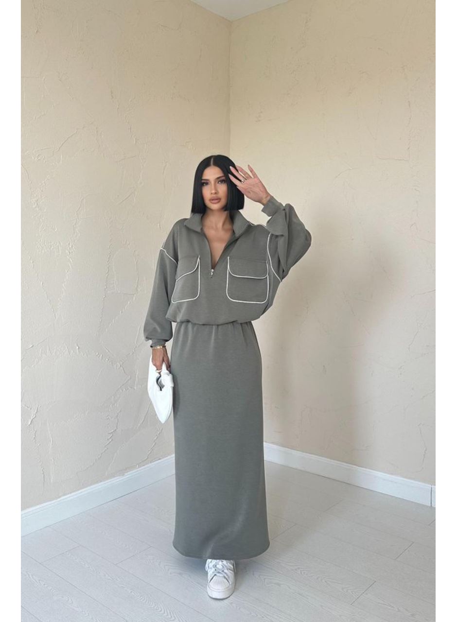 Haki Biyeli Sweatshirt Ve Etek Takım