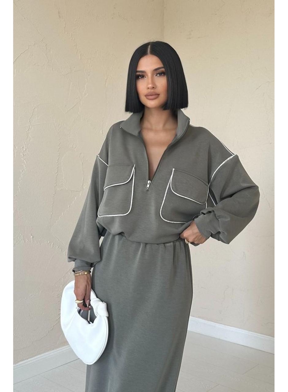 Haki Biyeli Sweatshirt Ve Etek Takım