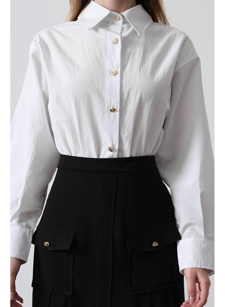 Pileli Kontrast Gömlek Elbise - Beyaz