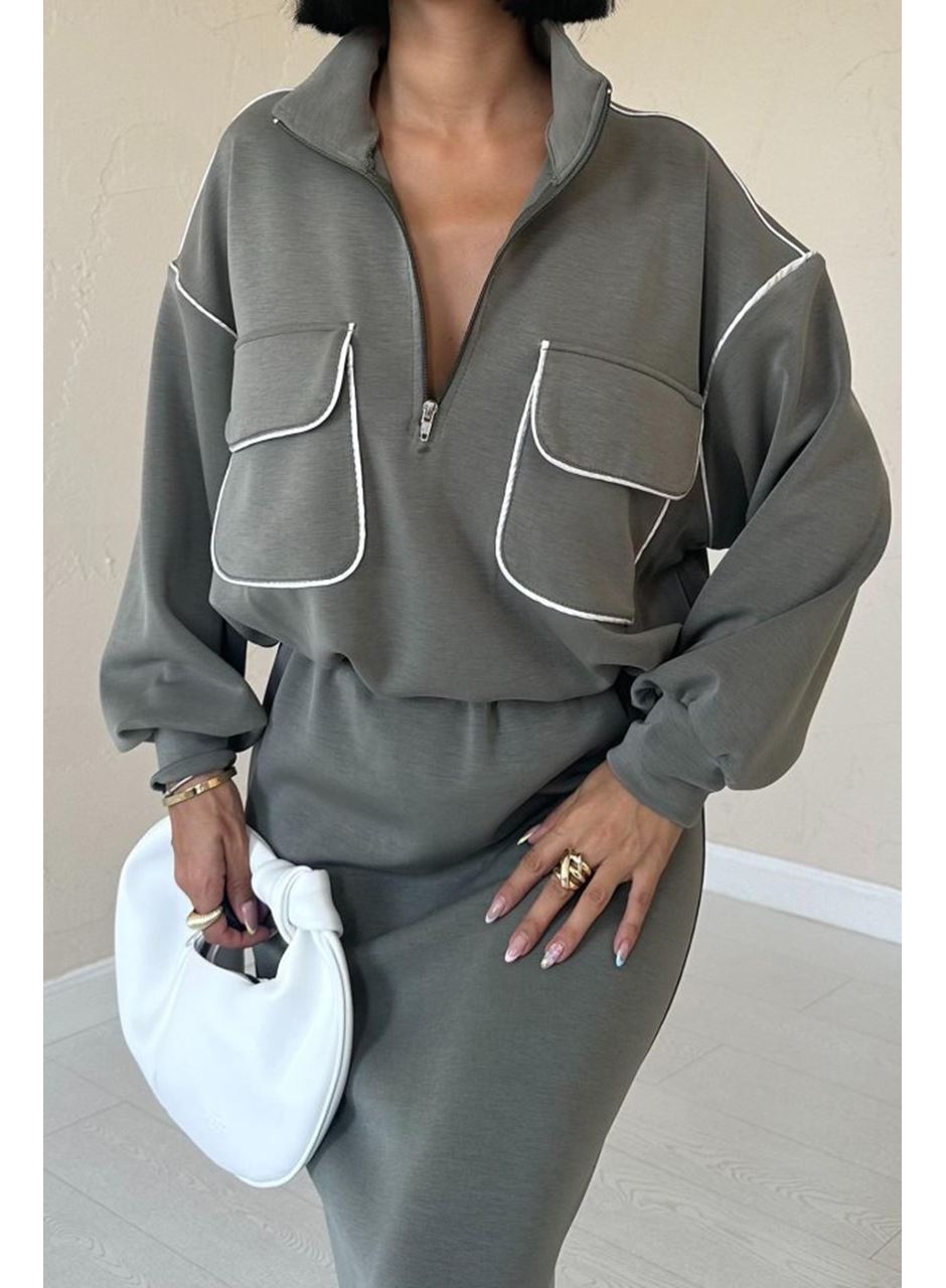 Haki Biyeli Sweatshirt Ve Etek Takım