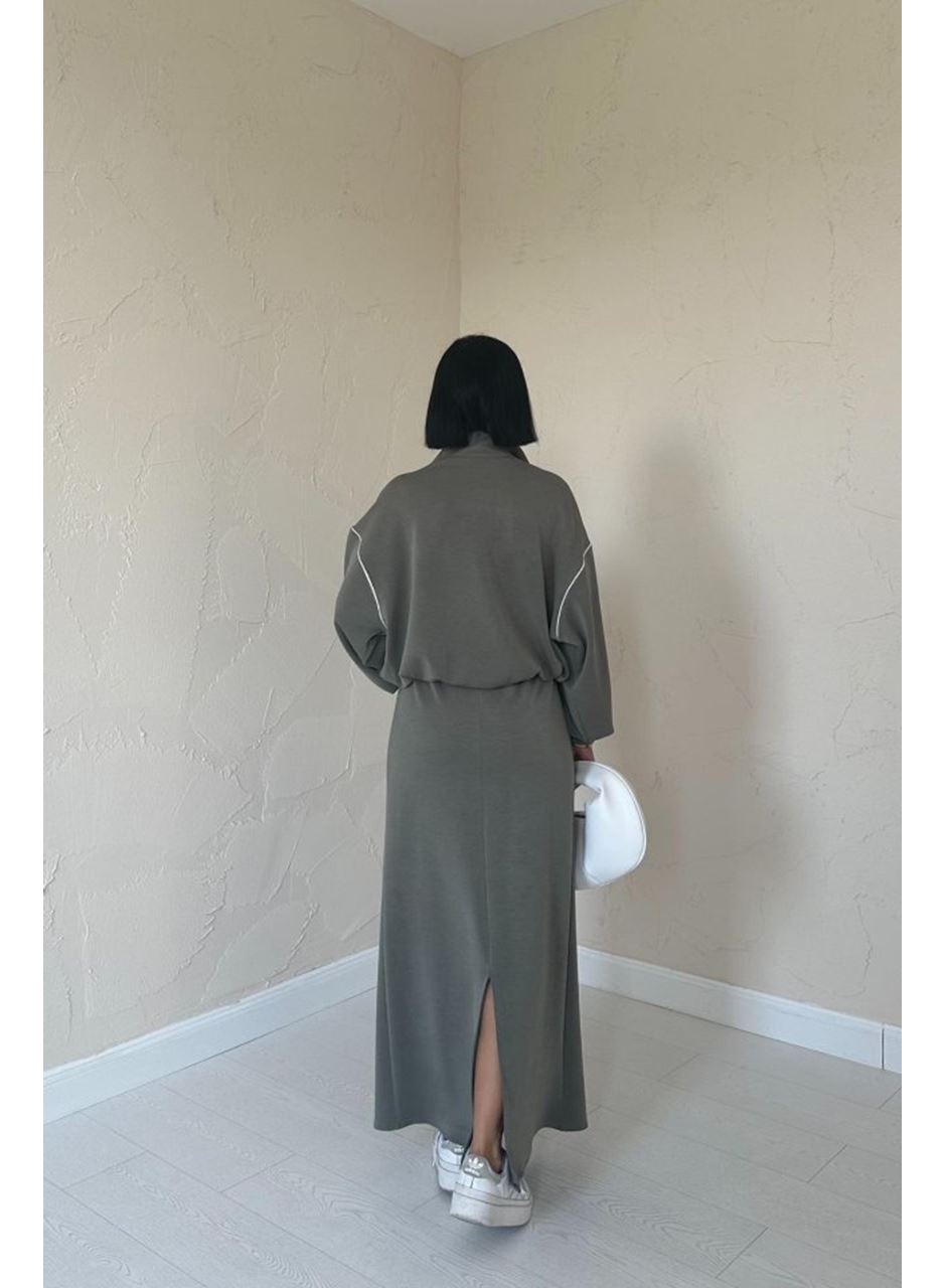 Haki Biyeli Sweatshirt Ve Etek Takım