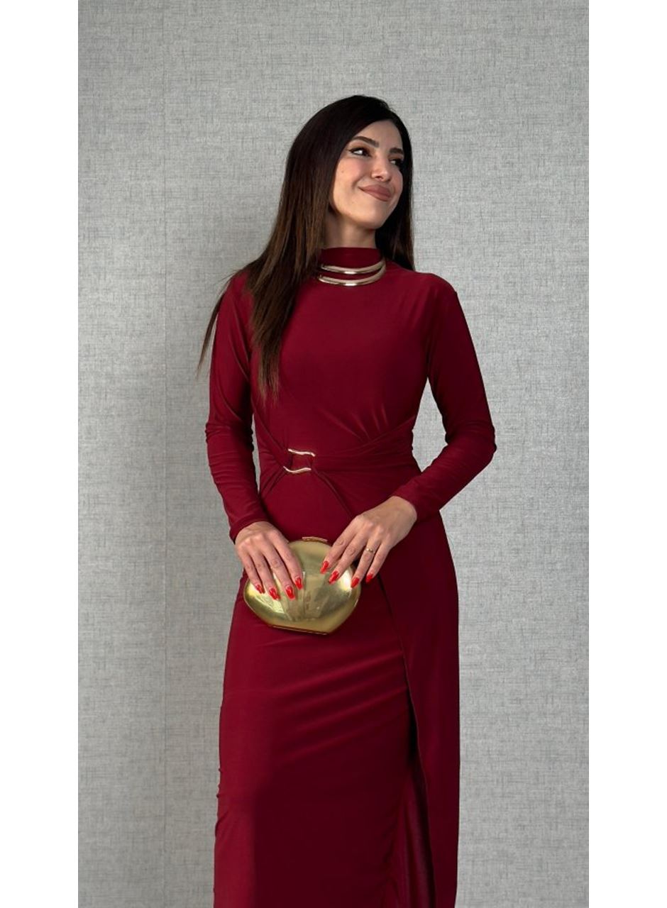 Kadın Balıkçı Yaka Toka Detay Sandy Kumaş Midi Boy Elbise