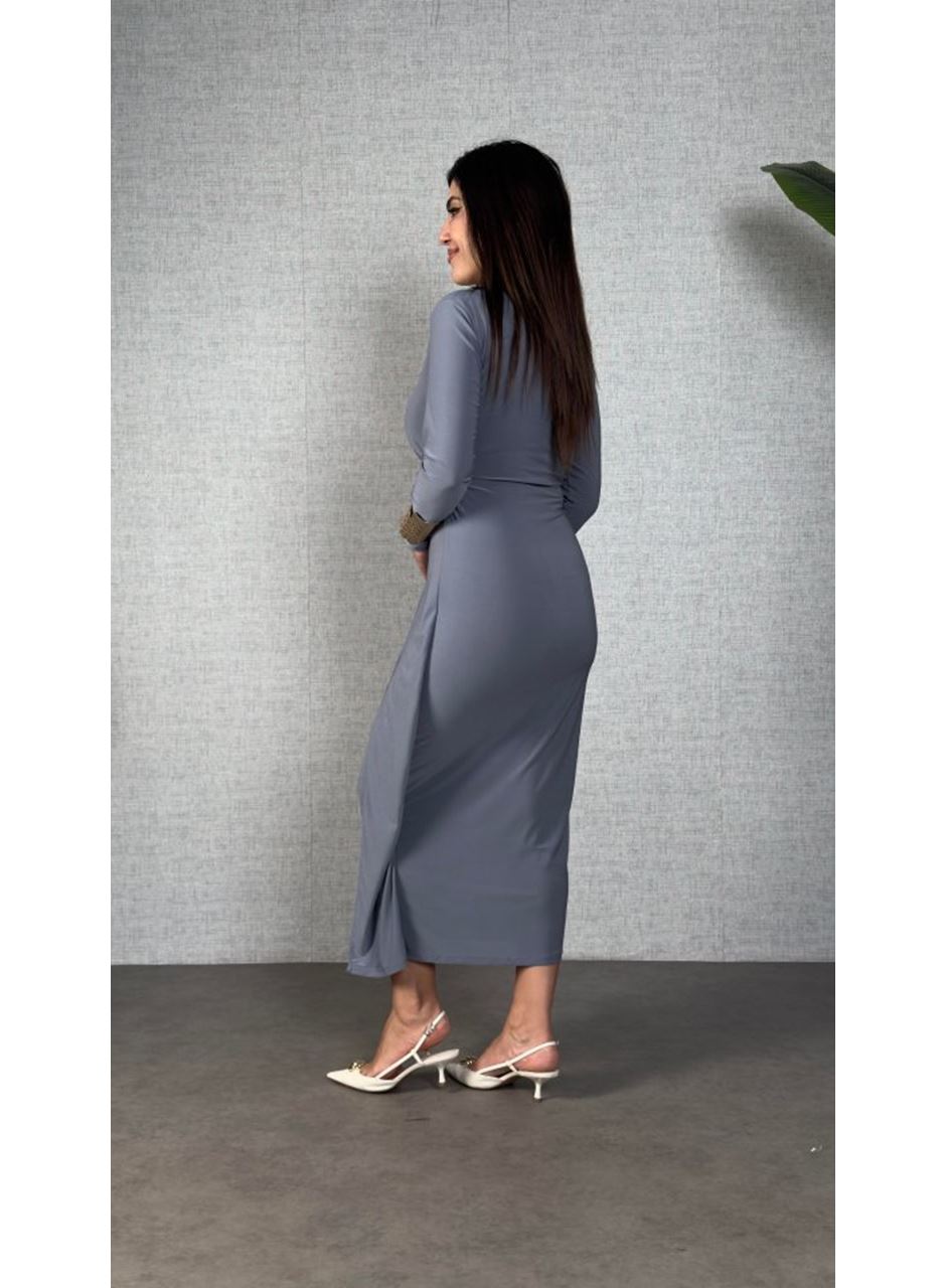 Kadın Balıkçı Yaka Toka Detay Sandy Kumaş Midi Boy Elbise
