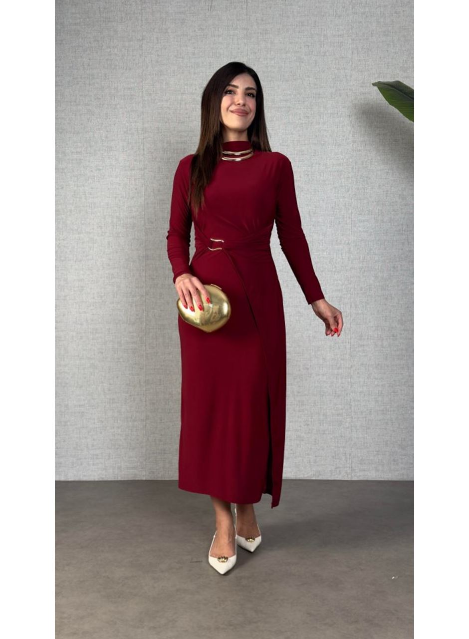 Kadın Balıkçı Yaka Toka Detay Sandy Kumaş Midi Boy Elbise