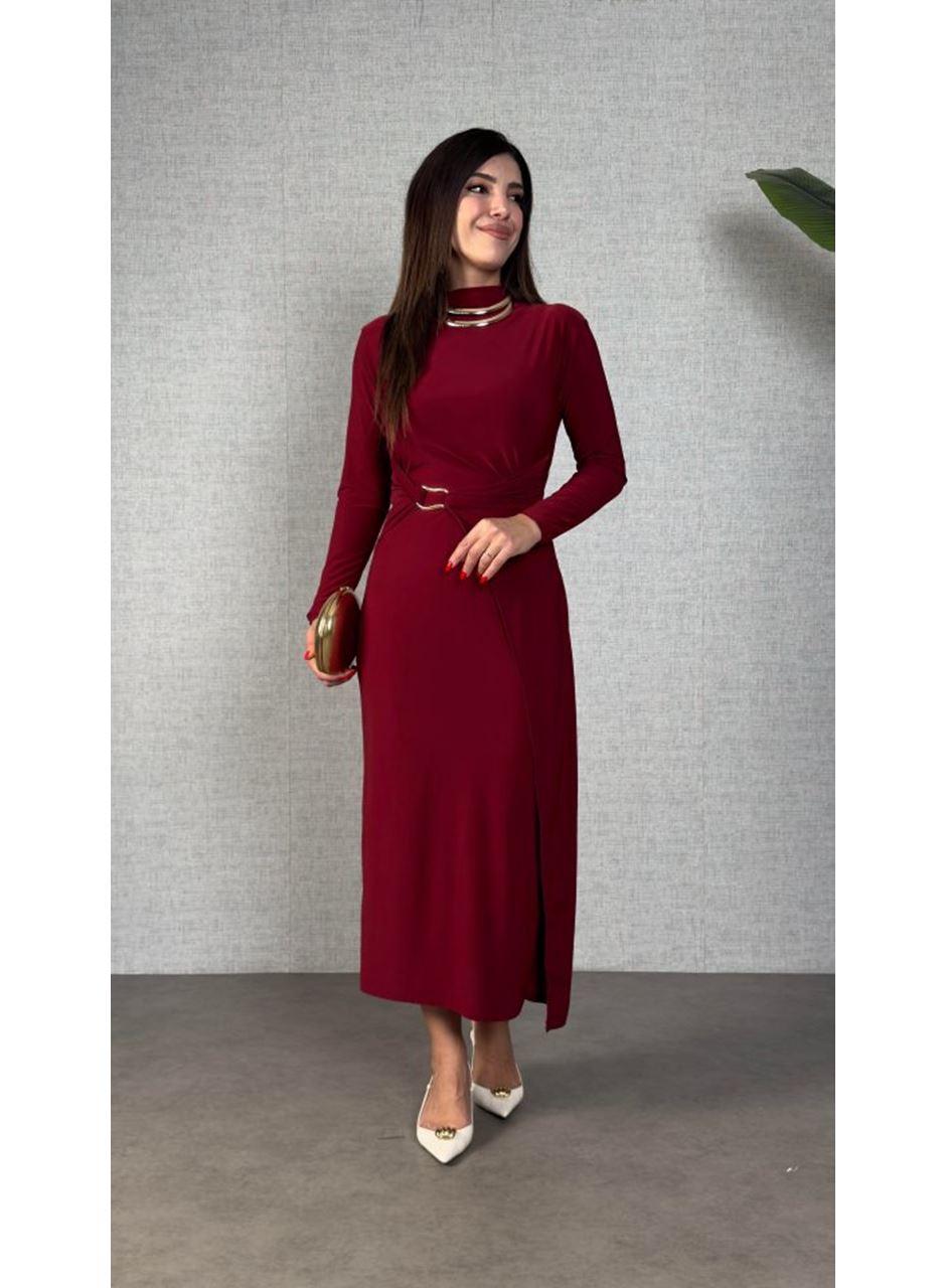 Kadın Balıkçı Yaka Toka Detay Sandy Kumaş Midi Boy Elbise