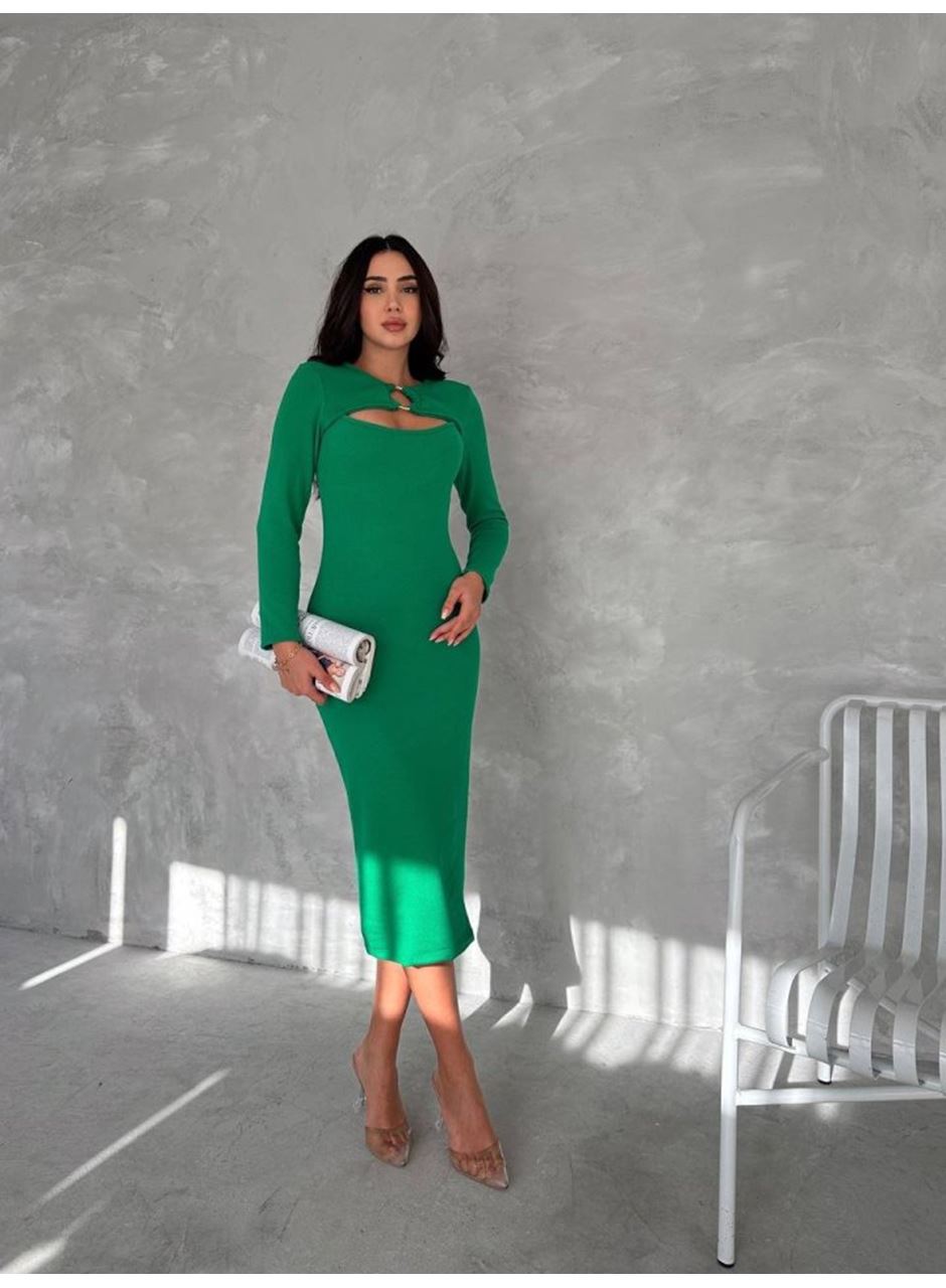 Kadın Uzun Kollu Halka Ve Pencere Dekolte Detay Fırsat ürün Midi Boy Elbise