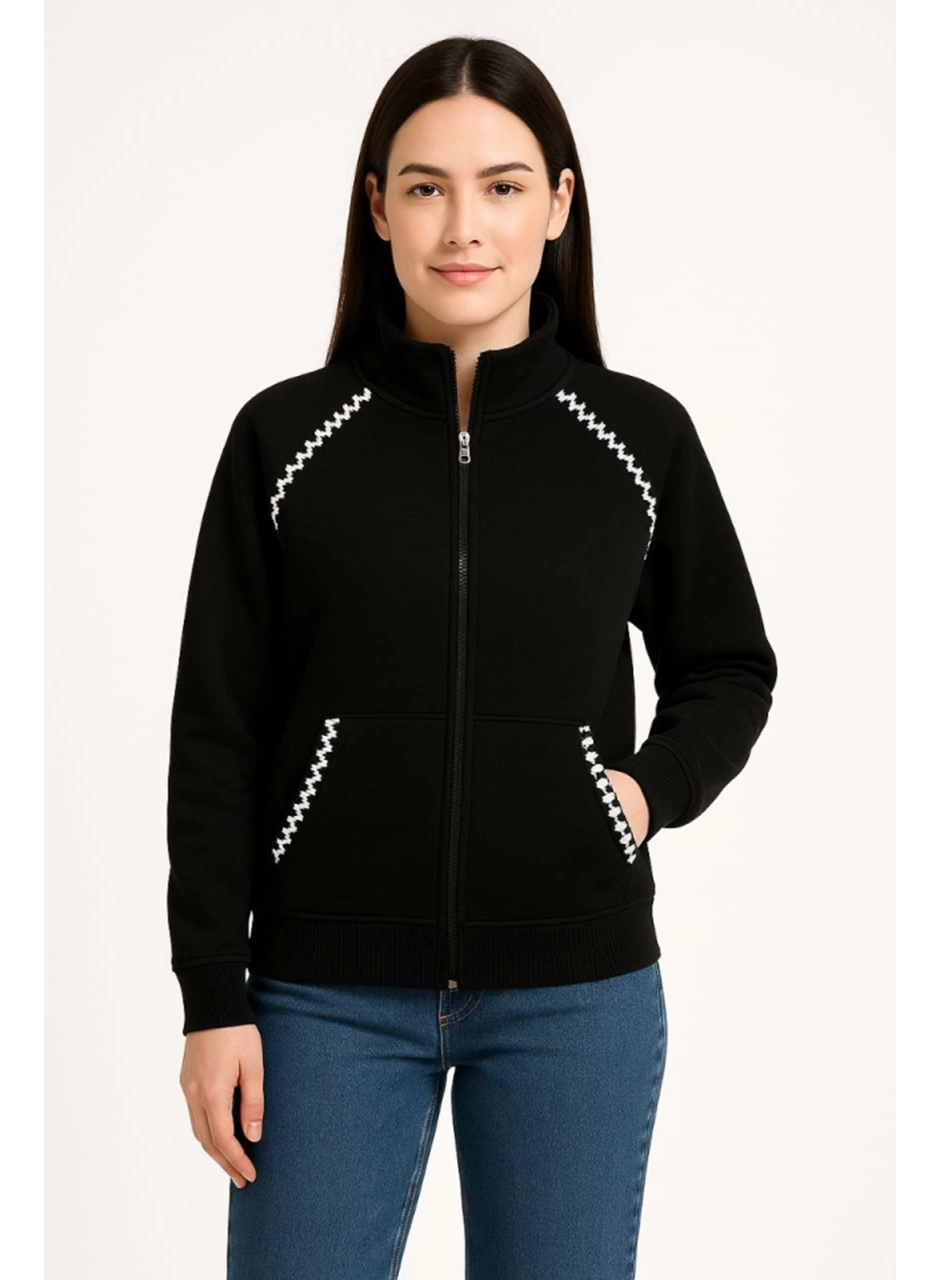 Oversize Dik Yaka Fermuarlı Sweatshirt - Zincir Nakışli Kanguru Cepli, - Siyah