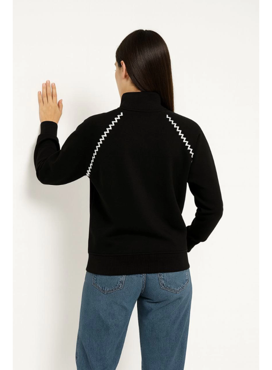 Oversize Dik Yaka Fermuarlı Sweatshirt - Zincir Nakışli Kanguru Cepli, - Siyah