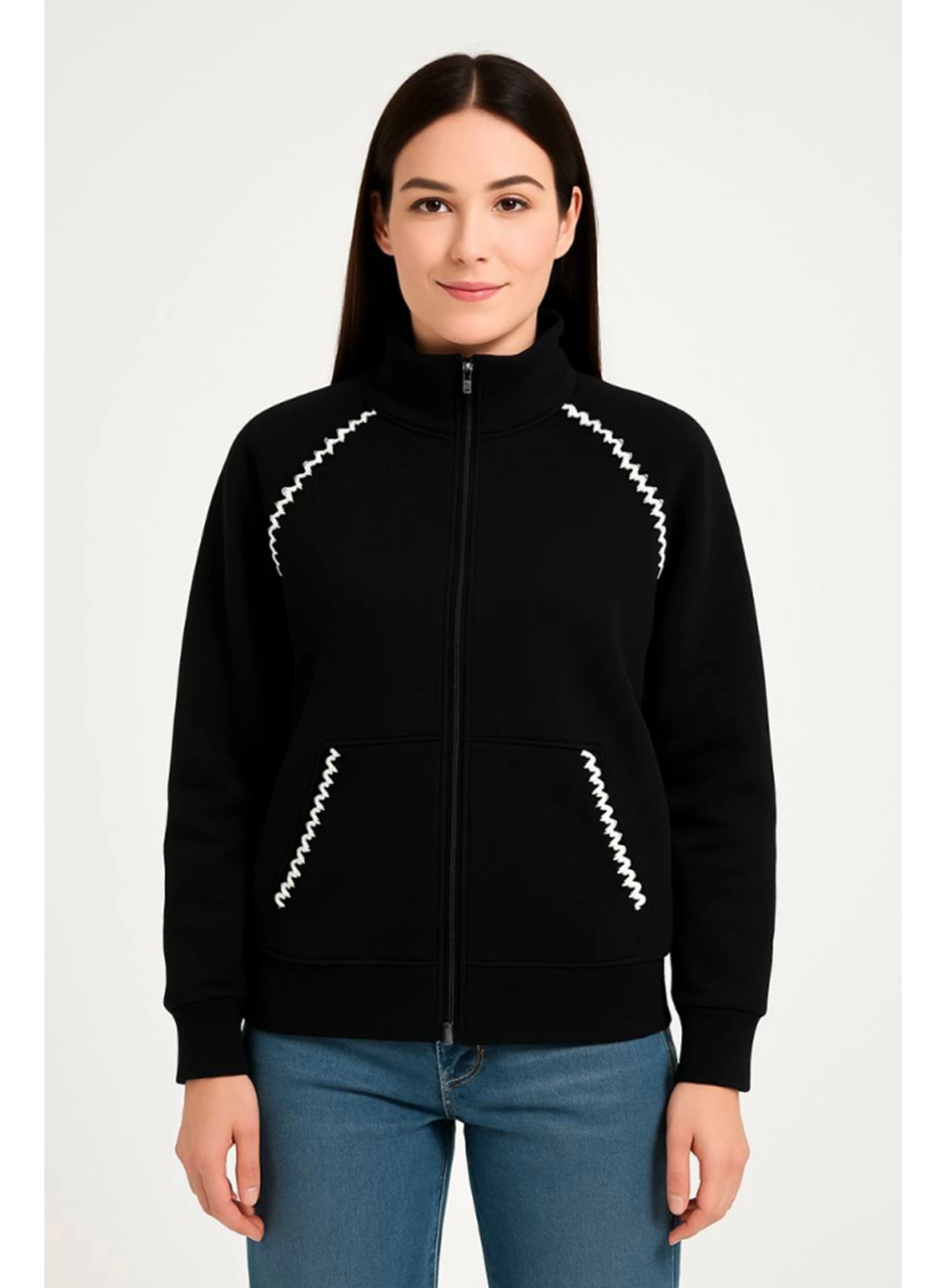 Oversize Dik Yaka Fermuarlı Sweatshirt - Zincir Nakışli Kanguru Cepli, - Siyah