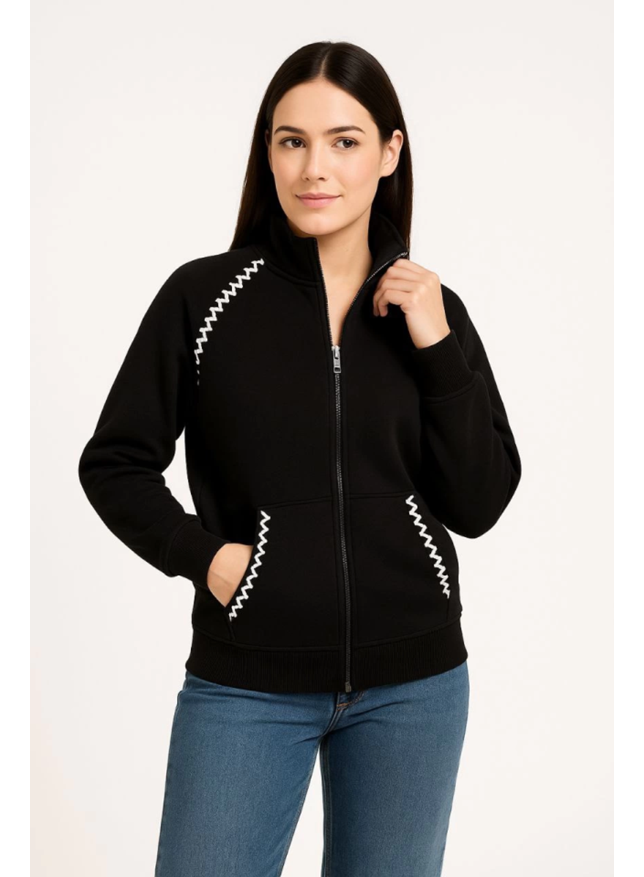 Oversize Dik Yaka Fermuarlı Sweatshirt - Zincir Nakışli Kanguru Cepli, - Siyah