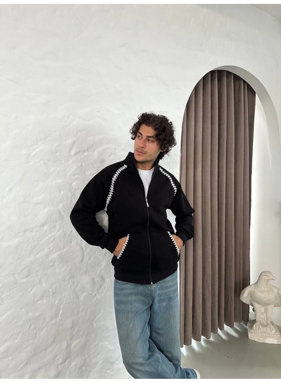 Erkek Oversize Dik Yaka Fermuarlı Sweatshirt - Zincir Nakışli Kanguru Cepli - Siyah