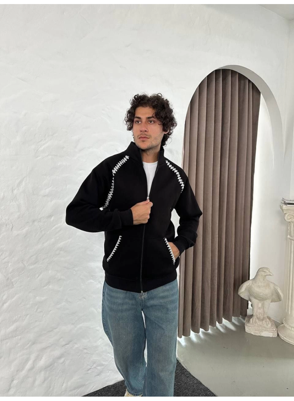 Erkek Oversize Dik Yaka Fermuarlı Sweatshirt - Zincir Nakışli Kanguru Cepli - Siyah