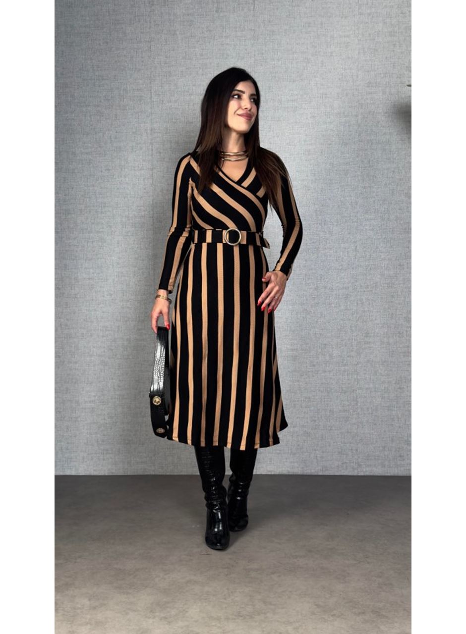 Kadın Uzun Kollu Kruvaze Yaka Kemer Dahil çizgili Triko Elbise