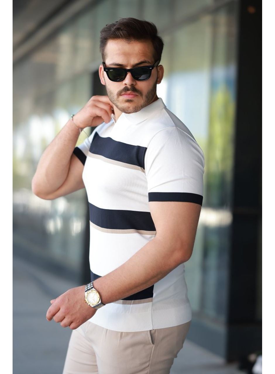 Erkek şerit Desenli Hemşire Yaka Kısa Kollu Tişört