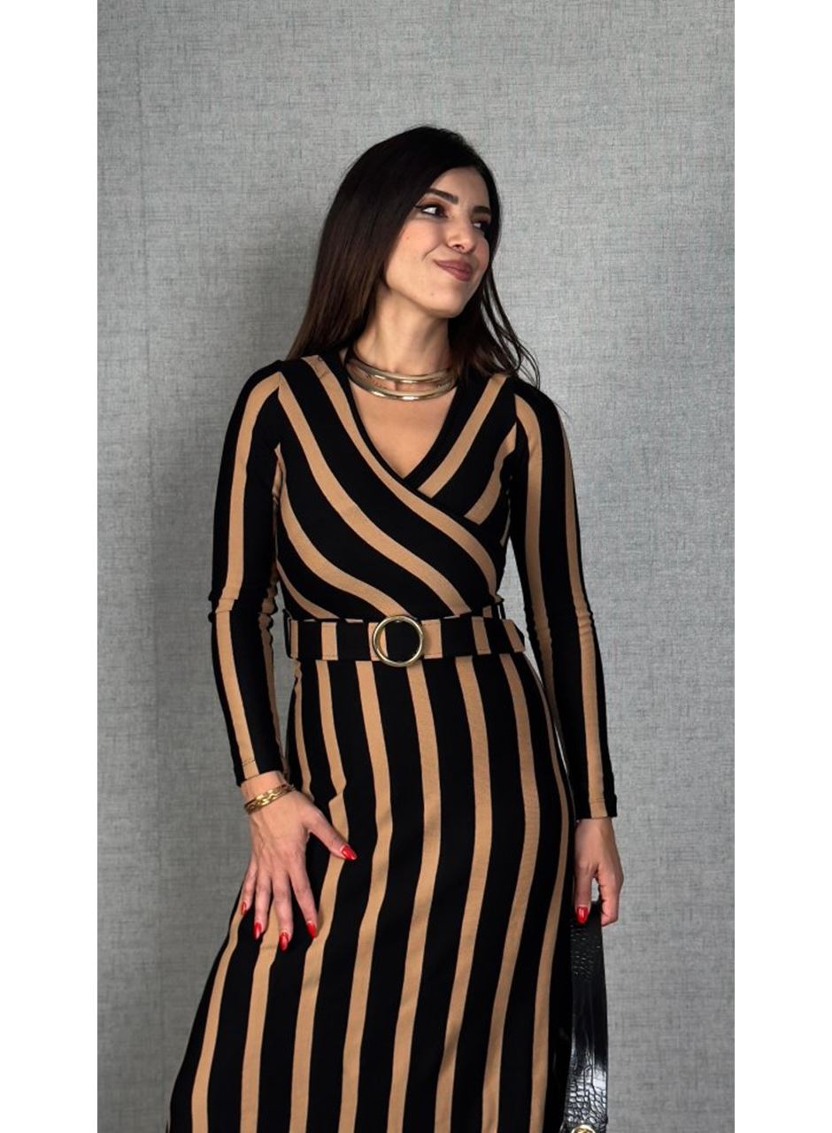 Kadın Uzun Kollu Kruvaze Yaka Kemer Dahil çizgili Triko Elbise